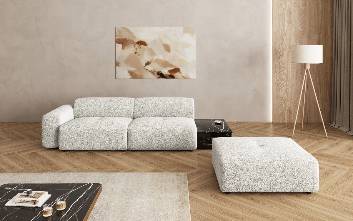 Designer sofa Calm 3-seater with side stool and side table in bouclé