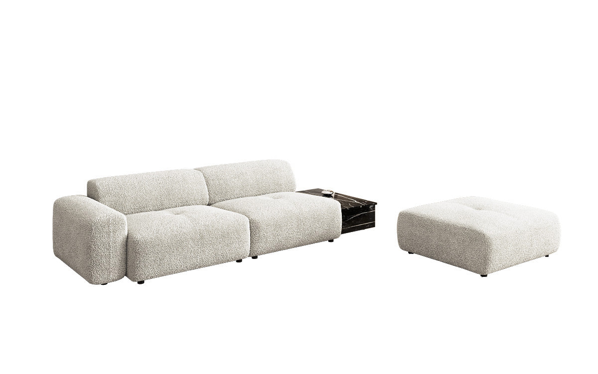 Designer sofa Calm 3-seater with side stool and side table in bouclé
