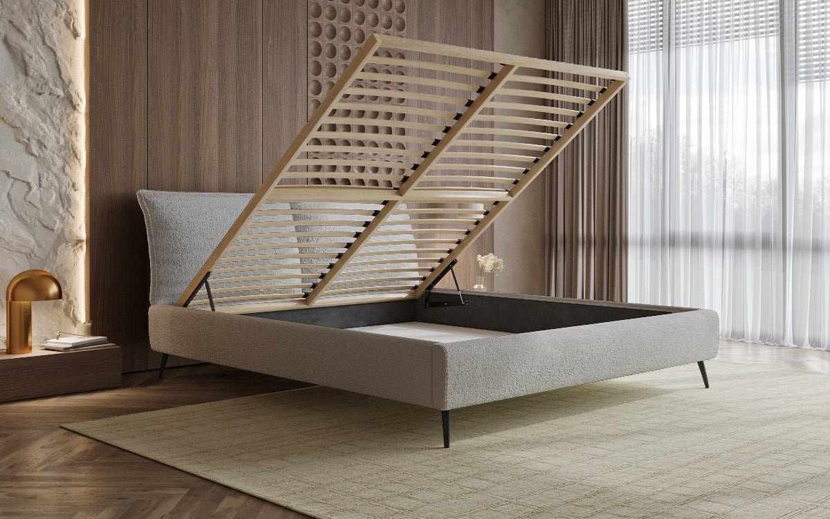 Designer Polsterbett Zoe Bouclé mat Stauraum