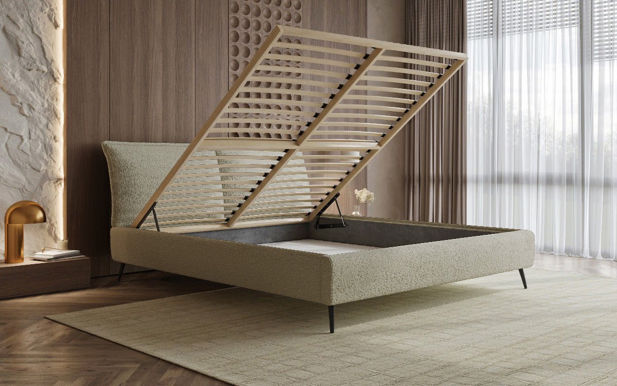 Designer Polsterbett Zoe Bouclé mat Stauraum