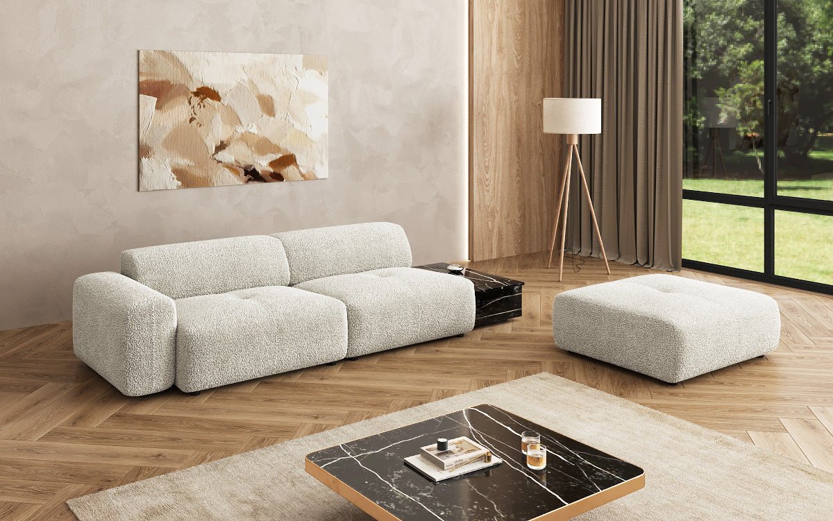 Designer sofa Calm 3-seater with side stool and side table in bouclé