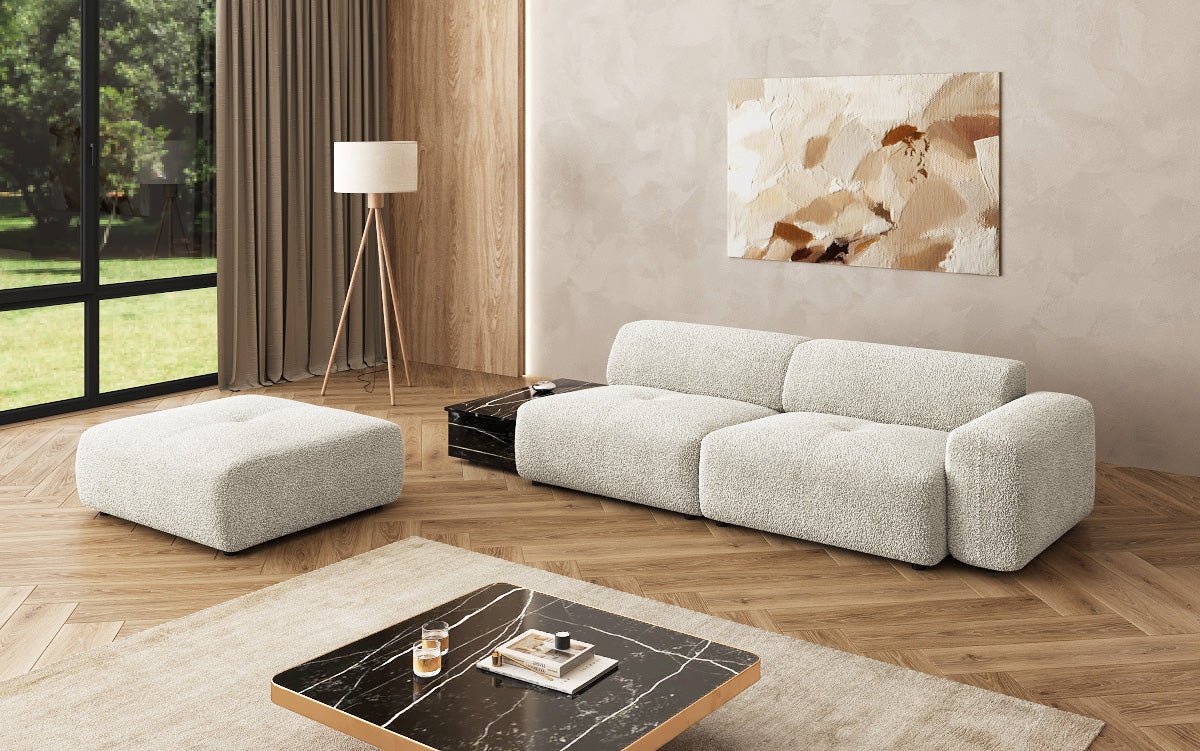 Designer sofa Calm 3-seater with side stool and side table in bouclé