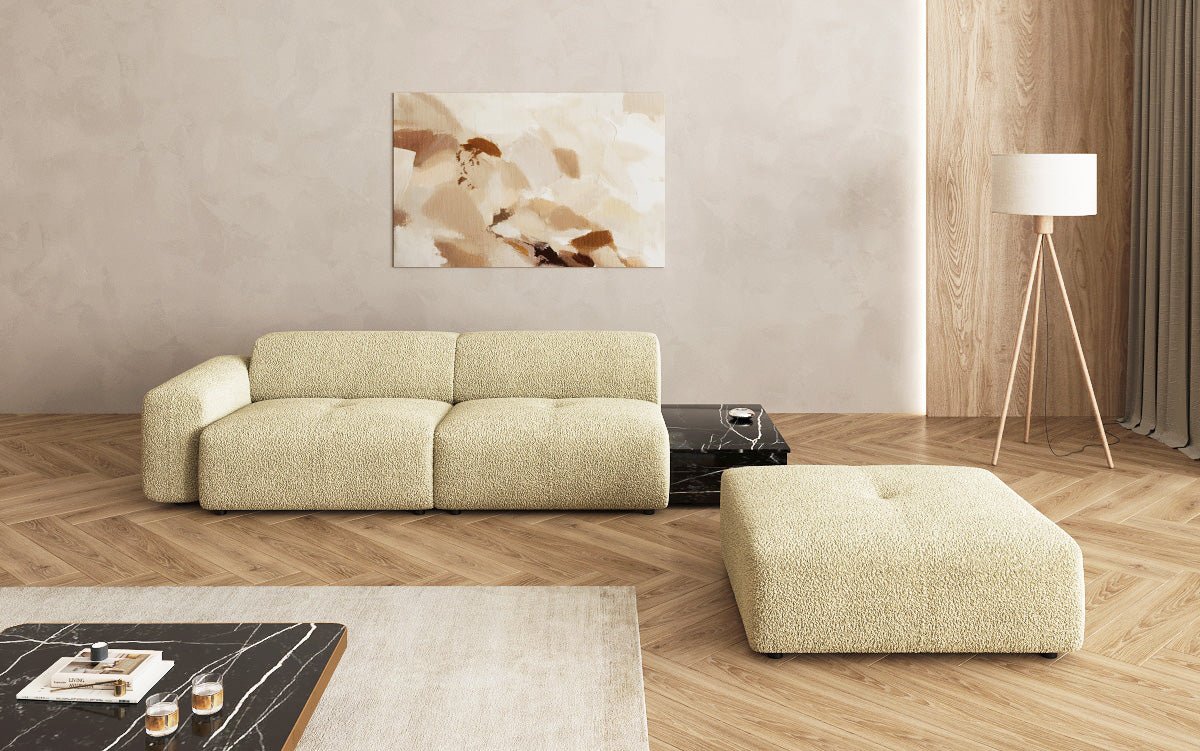 Designer sofa Calm 3-seater with side stool and side table in bouclé