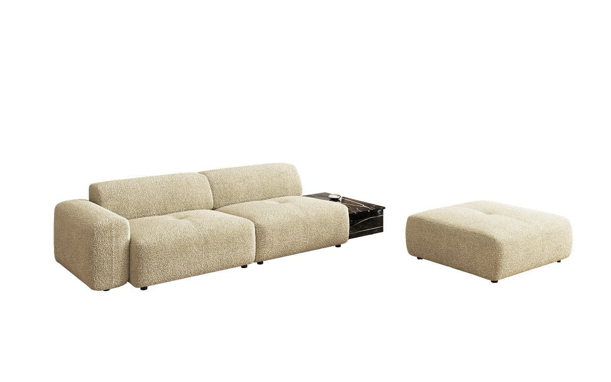 Designer sofa Calm 3-seater with side stool and side table in bouclé