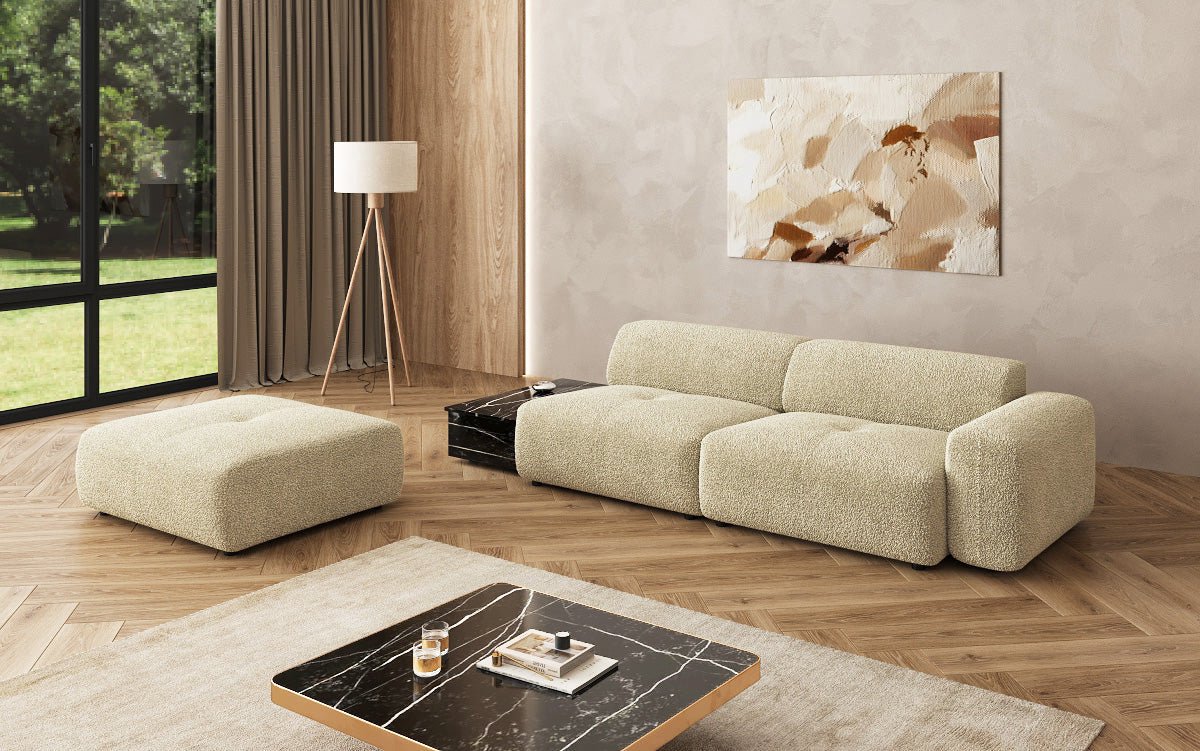 Designer sofa Calm 3-seater with side stool and side table in bouclé