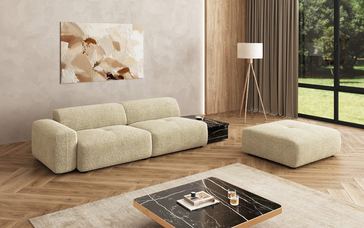 Designer sofa Calm 3-seater with side stool and side table in bouclé