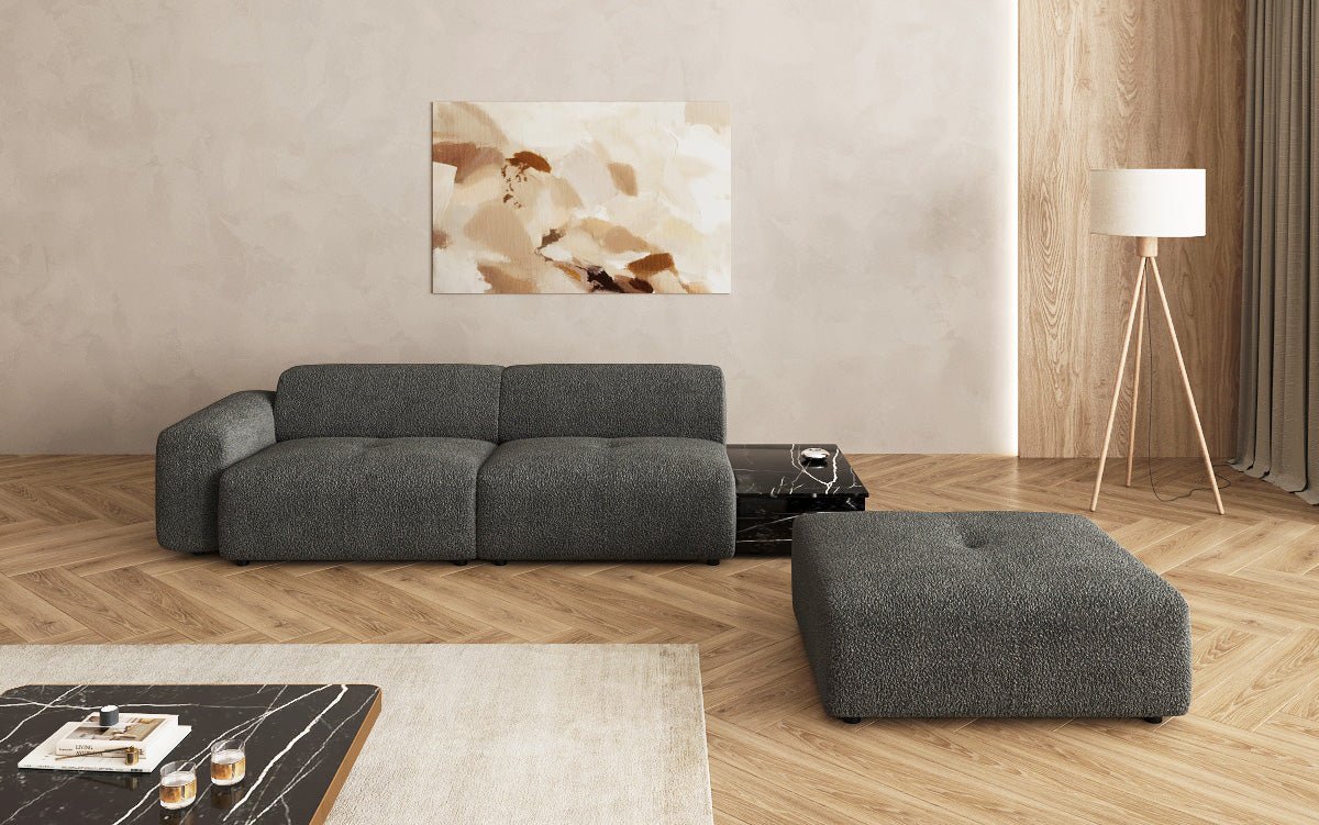 Designer sofa Calm 3-seater with side stool and side table in bouclé