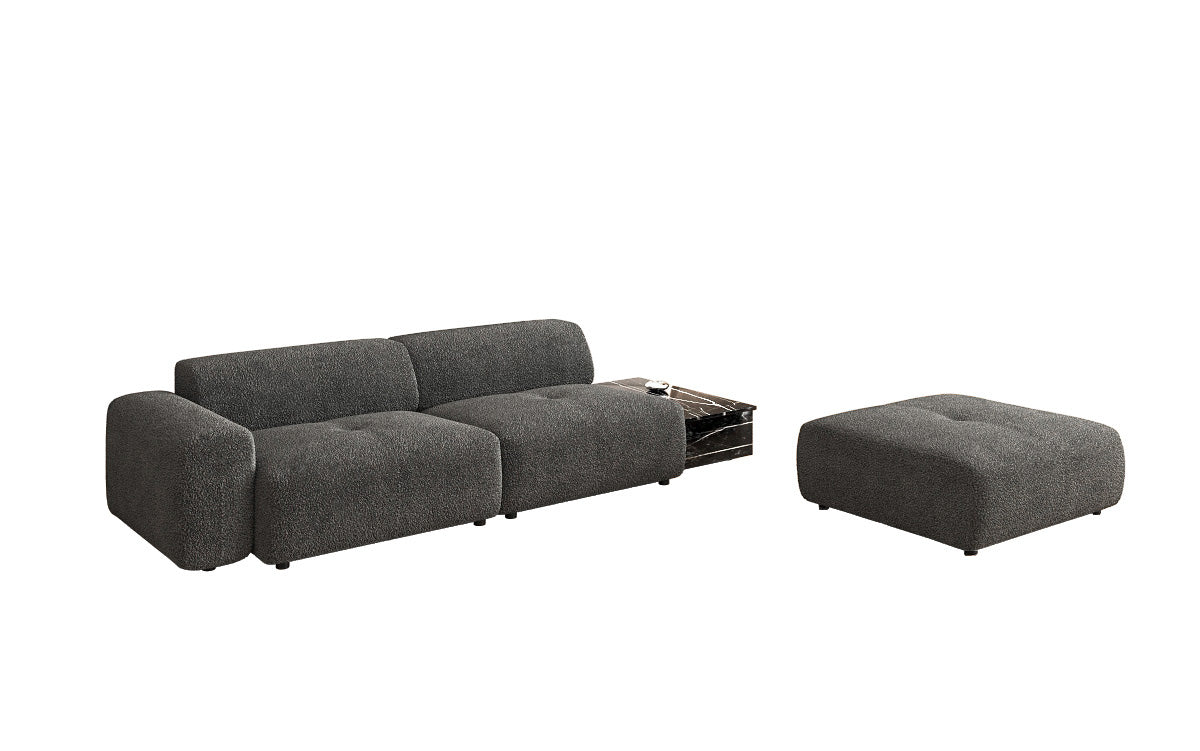 Designer sofa Calm 3-seater with side stool and side table in bouclé
