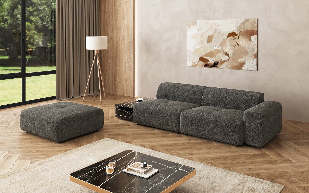 Designer sofa Calm 3-seater with side stool and side table in bouclé