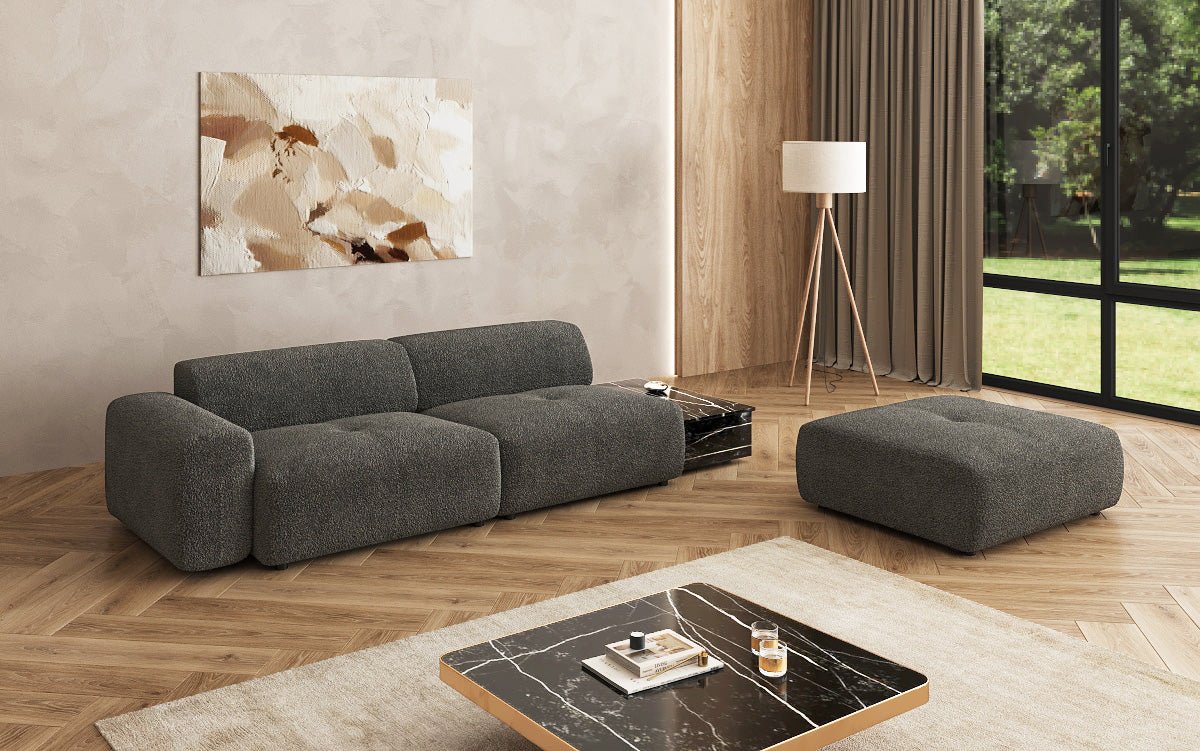 Designer sofa Calm 3-seater with side stool and side table in bouclé