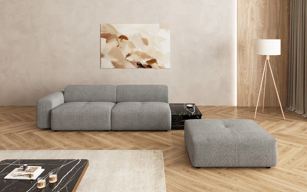 Designer sofa Calm 3-seater with side stool and side table in bouclé