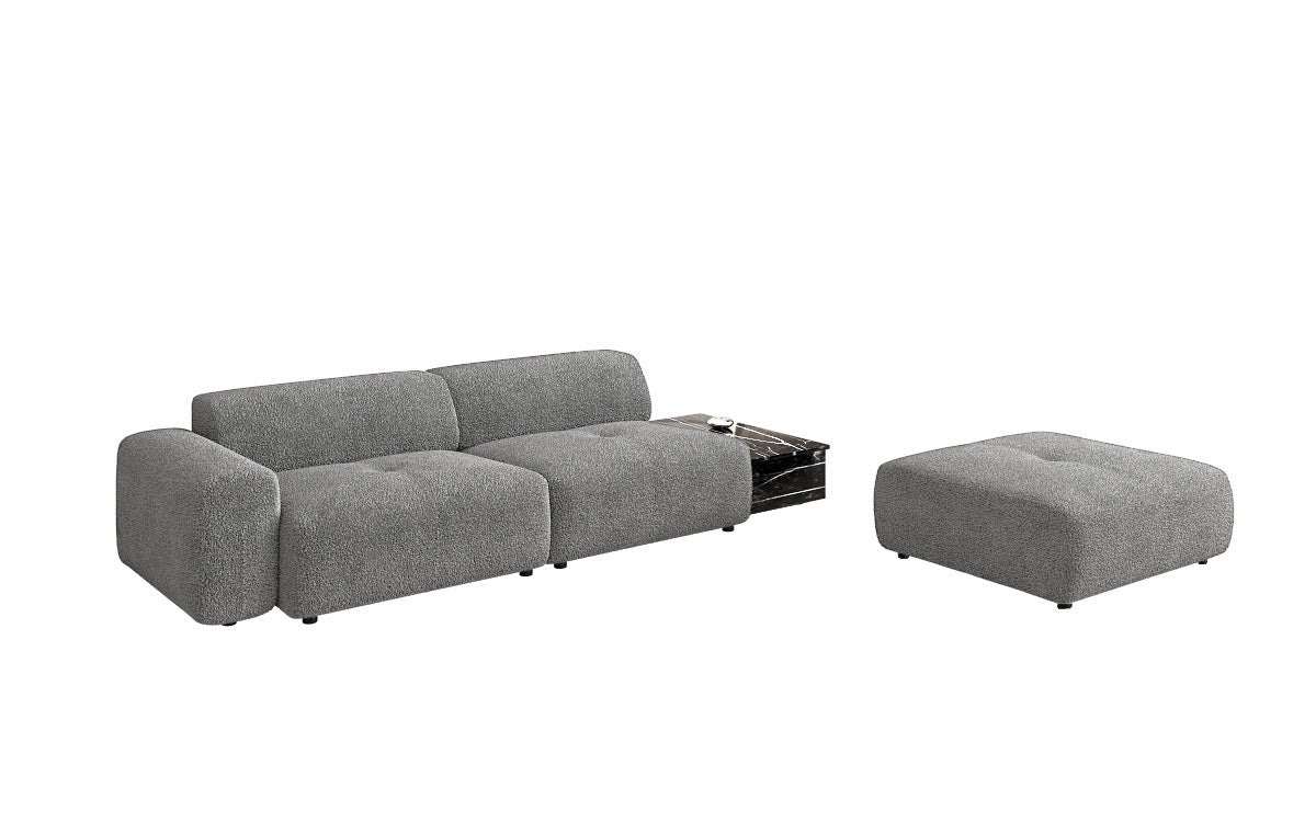 Designer sofa Calm 3-seater with side stool and side table in bouclé