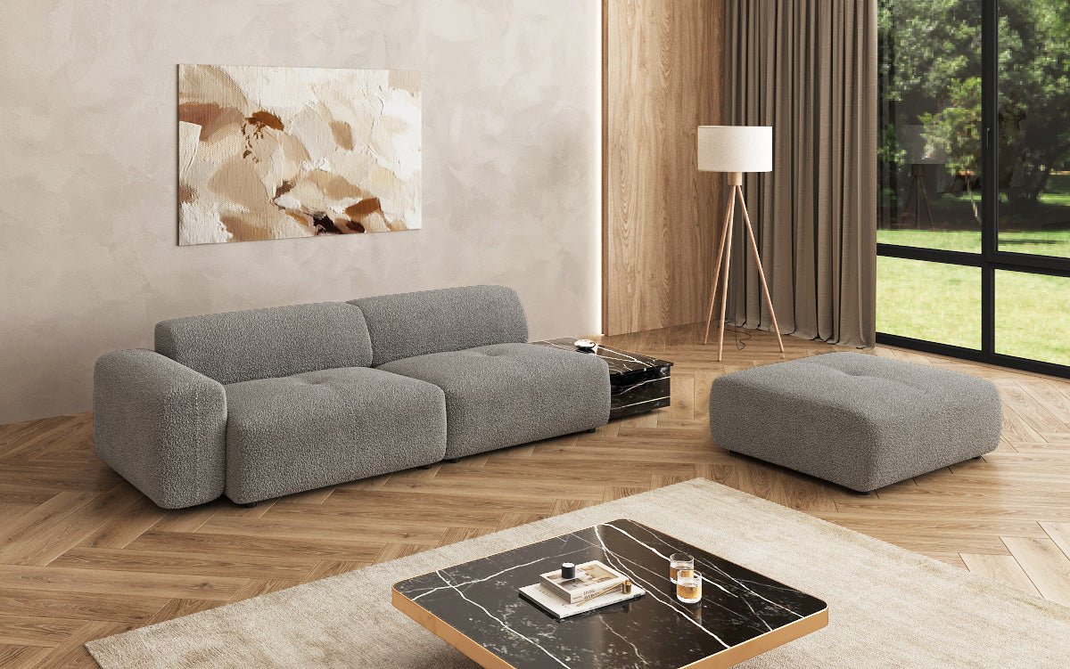 Designer sofa Calm 3-seater with side stool and side table in bouclé