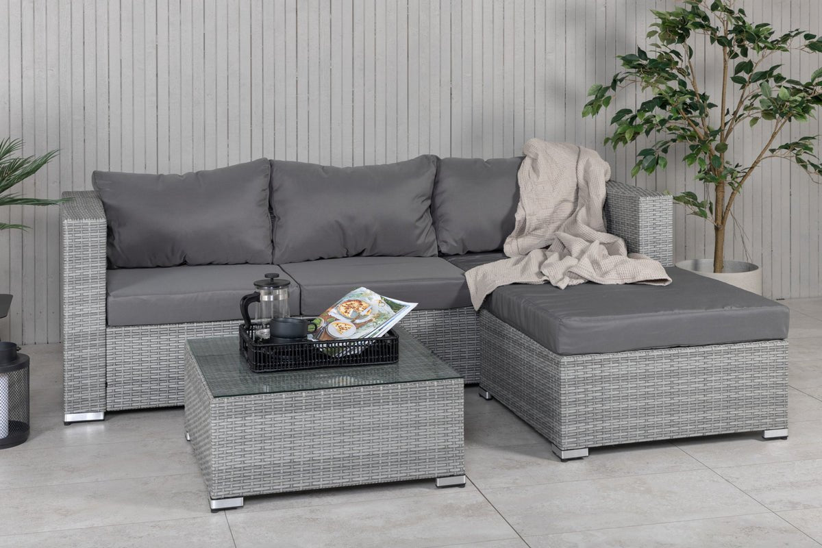 Garten Loungeset Amelia – Polyrattan Sofa mit Tisch & Kissen in Grau