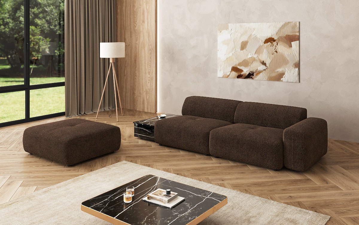Designer sofa Calm 3-seater with side stool and side table in bouclé
