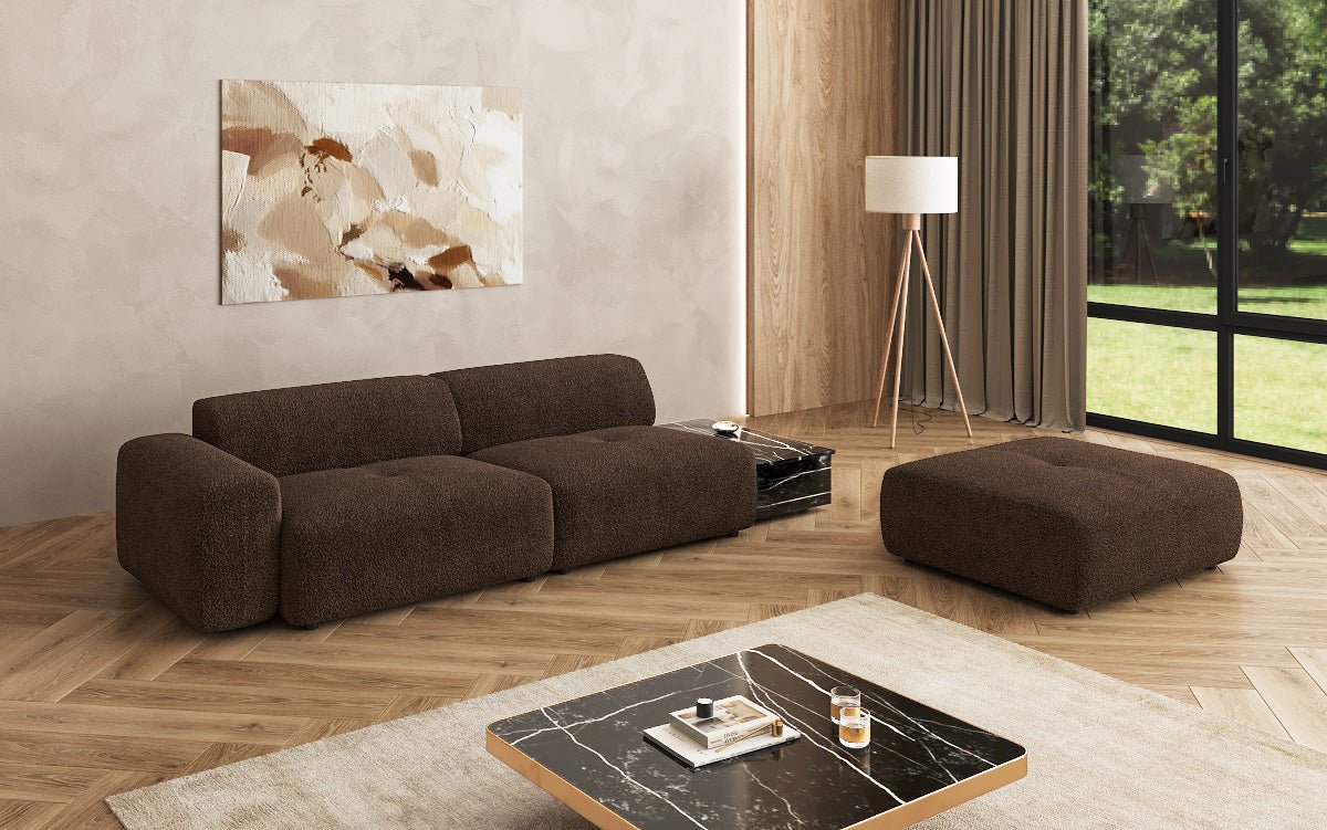 Designer sofa Calm 3-seater with side stool and side table in bouclé