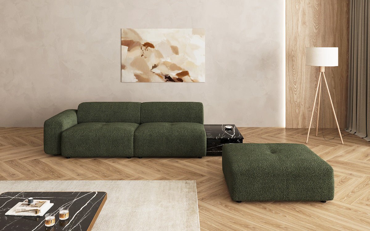 Designer sofa Calm 3-seater with side stool and side table in bouclé