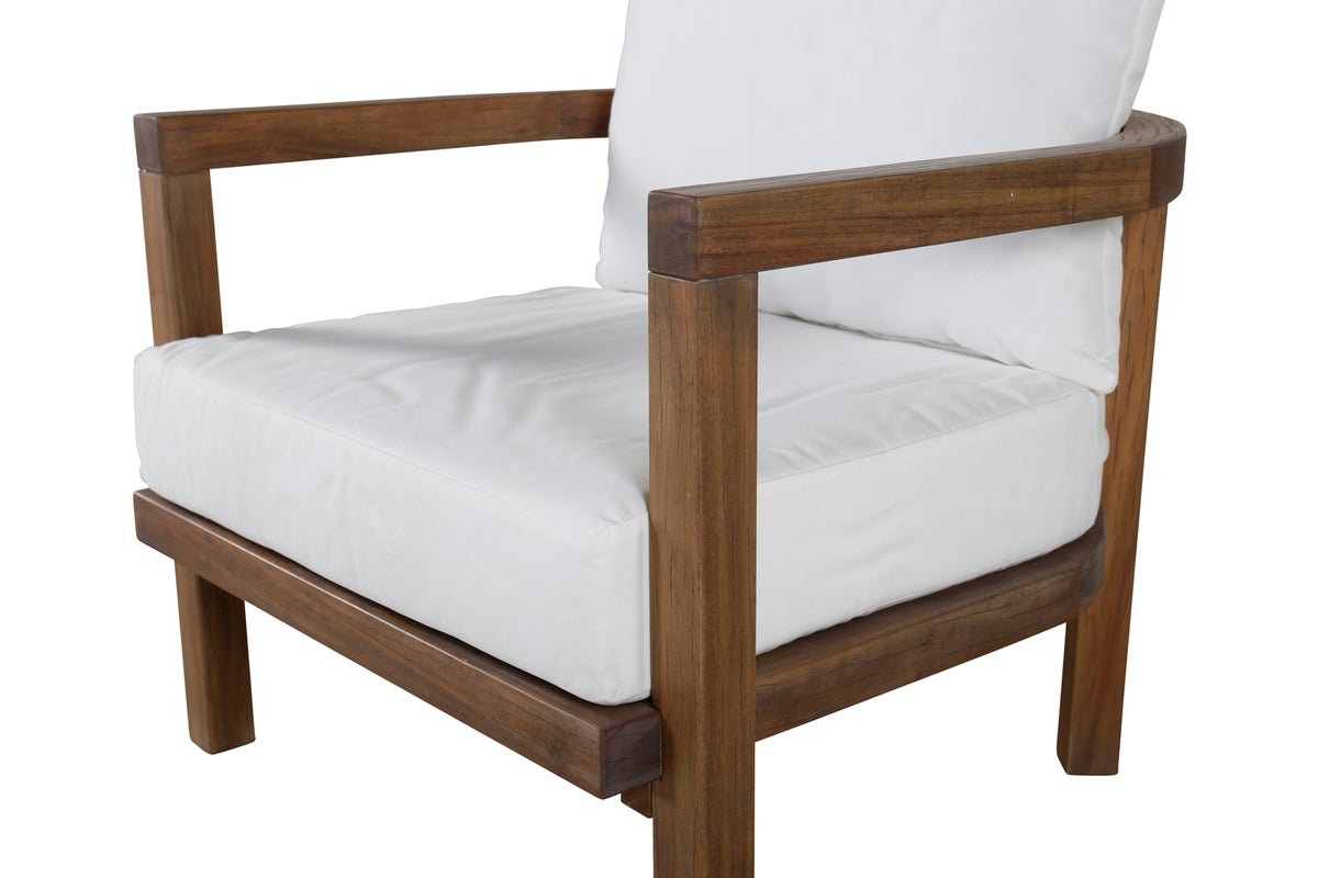 Sëtz Robin - aus brongem Akazienholz mat wäisse Këssen