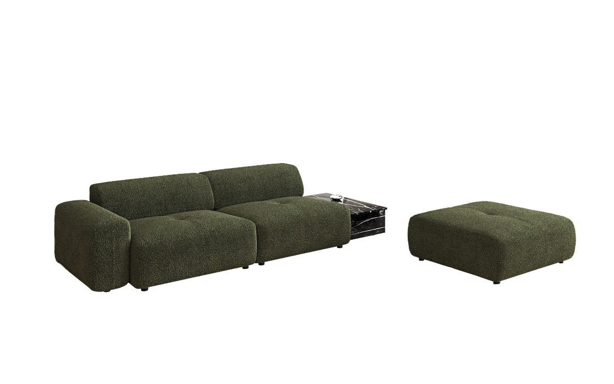 Designer sofa Calm 3-seater with side stool and side table in bouclé