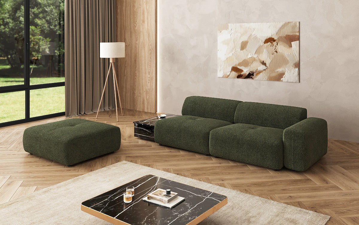 Designer sofa Calm 3-seater with side stool and side table in bouclé