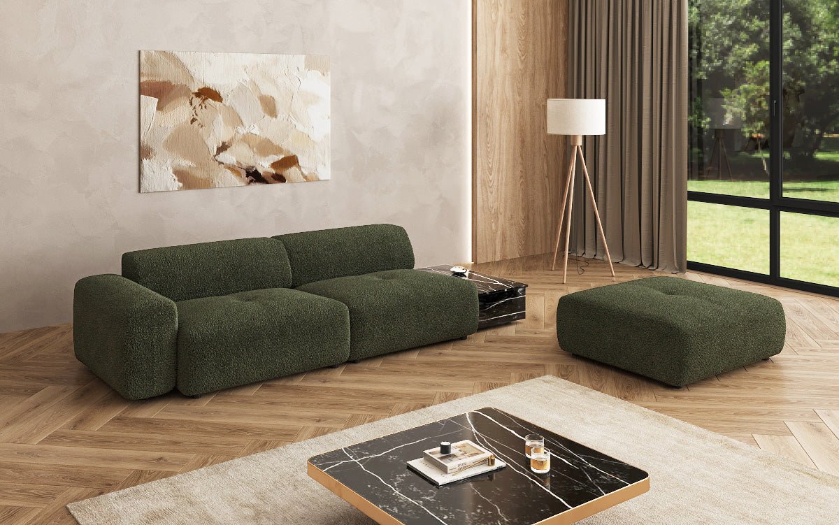 Designer sofa Calm 3-seater with side stool and side table in bouclé