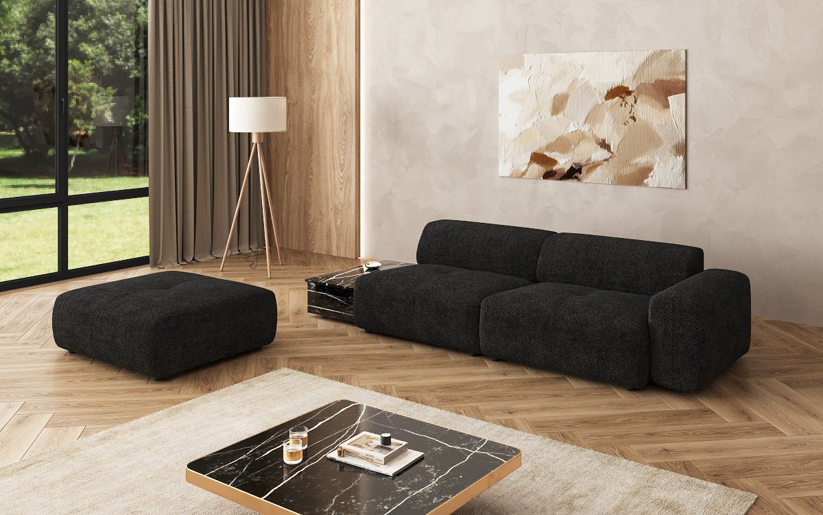Designer sofa Calm 3-seater with side stool and side table in bouclé