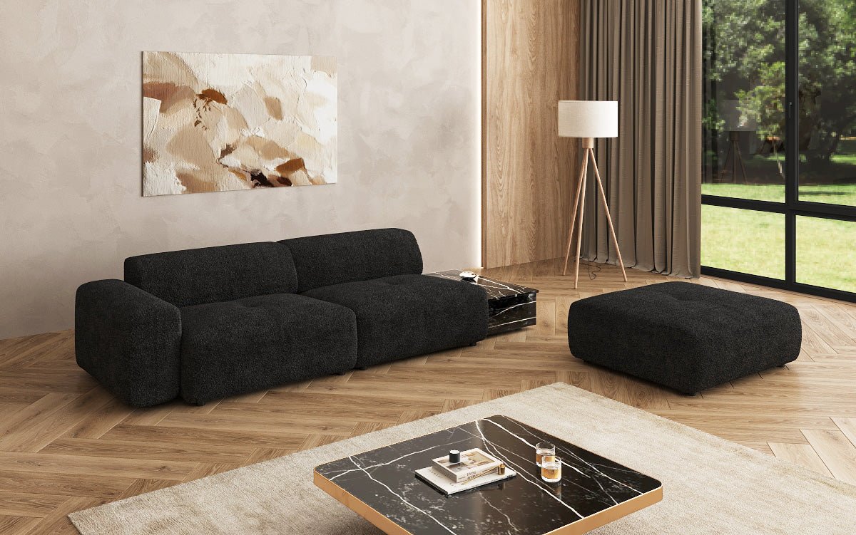 Designer sofa Calm 3-seater with side stool and side table in bouclé
