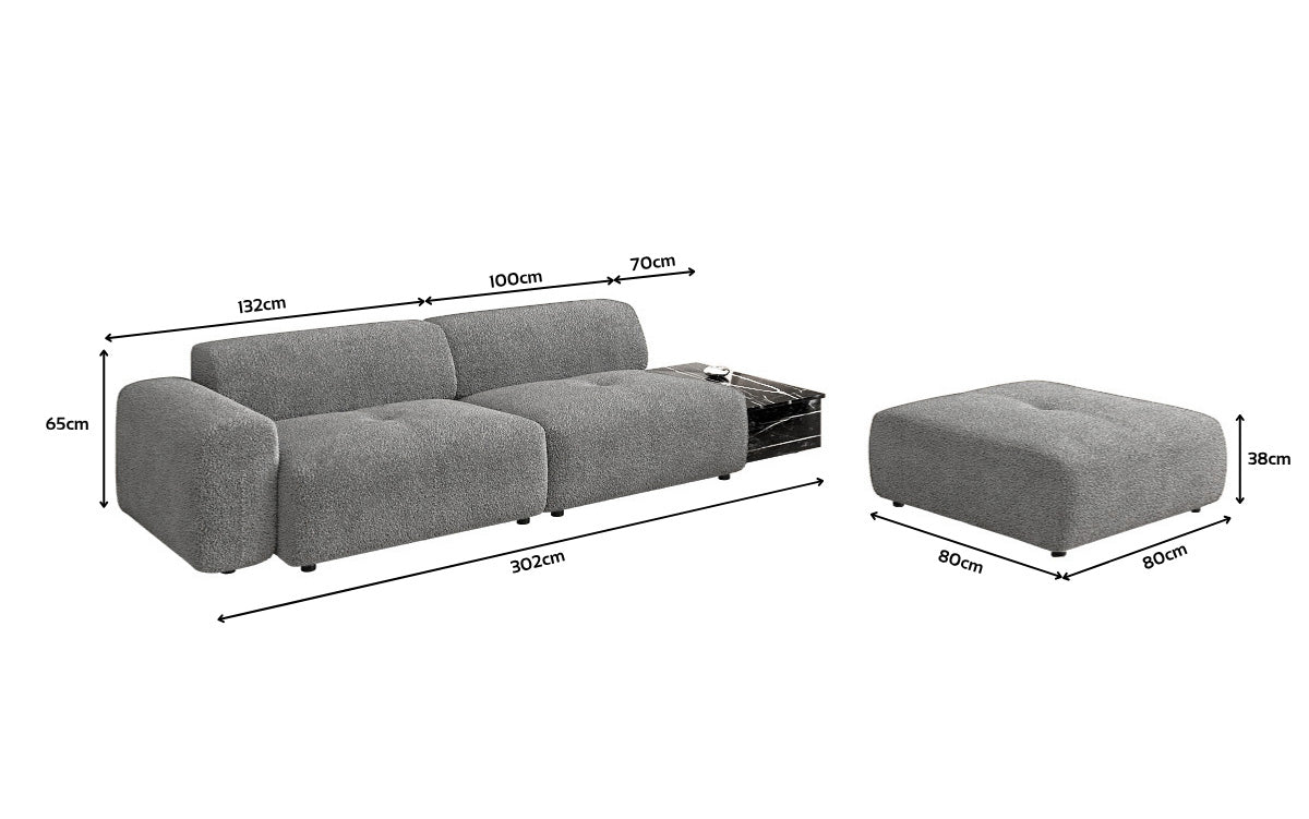 Designer sofa Calm 3-seater with side stool and side table in bouclé