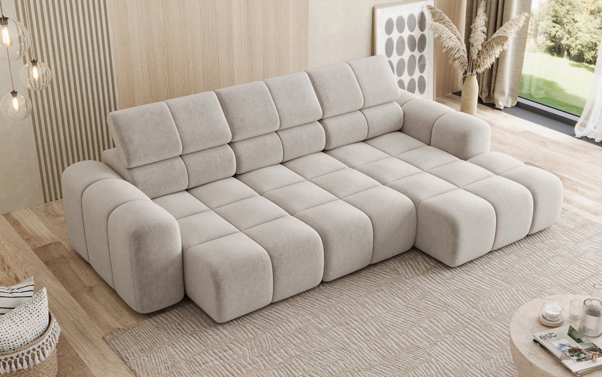 Designer Sofa Mia L mat elektrescher Sëtzvergréisserung a Chenille