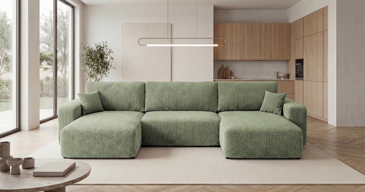 Designer-Sofa Noma U mat Schloffunktioun a Stauraum aus Cord