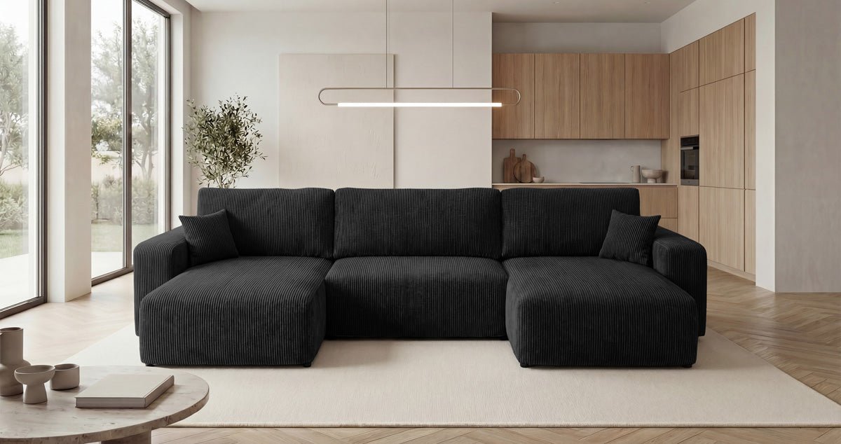 Designer-Sofa Noma U mat Schloffunktioun a Stauraum aus Cord