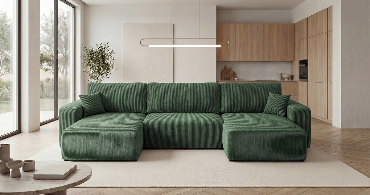 Designer-Sofa Noma U mat Schloffunktioun a Stauraum aus Cord