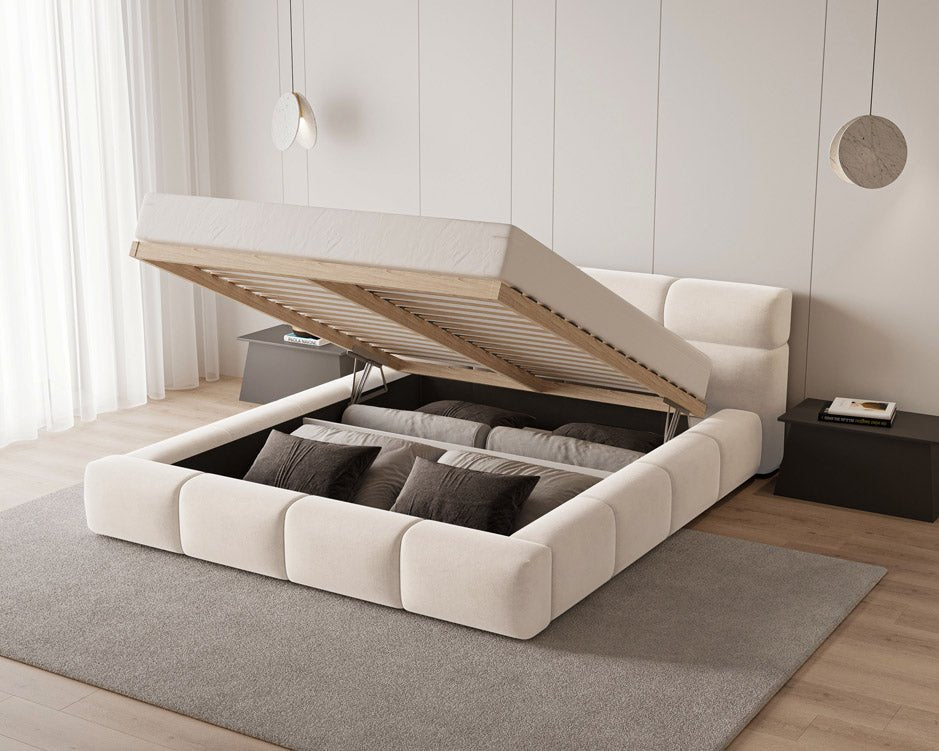 Designer Polsterbett Lora aus Samt mat Stauraum