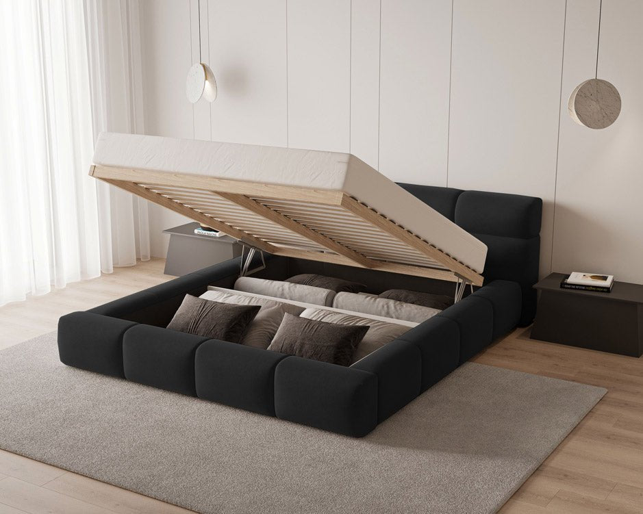 Designer Polsterbett Lora aus Samt mat Stauraum