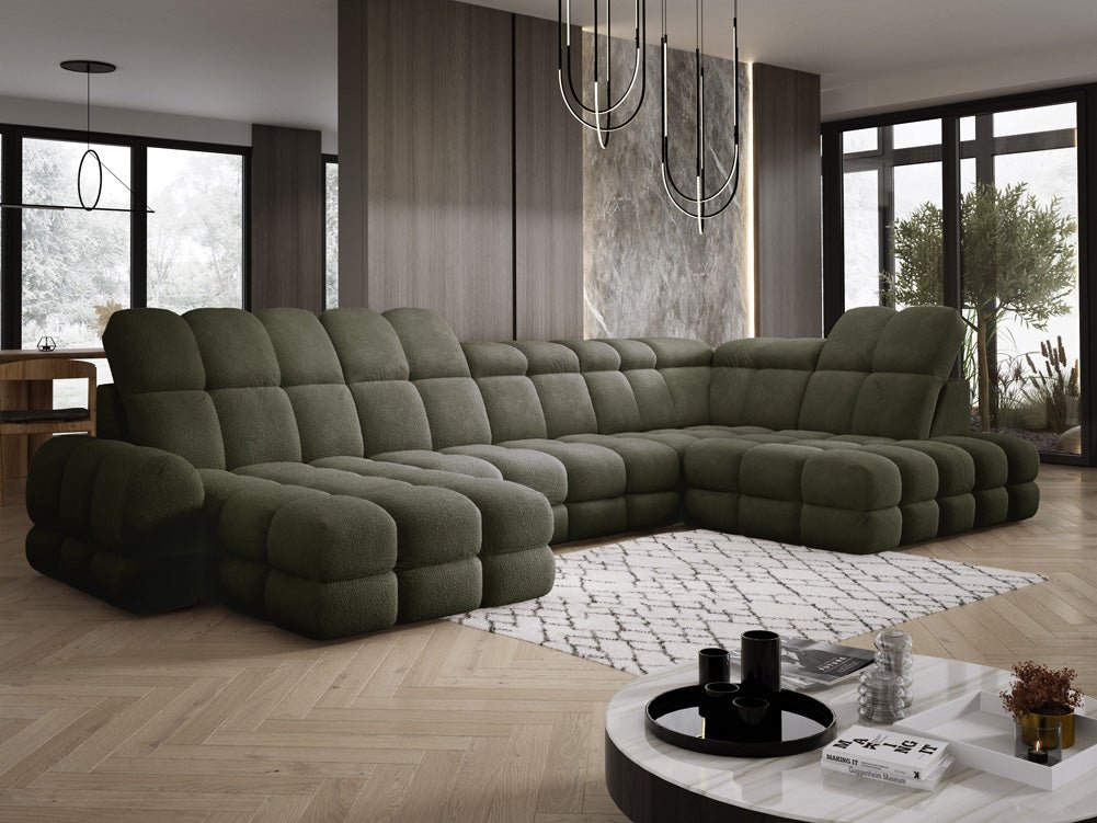 Designer Sofa Lima U with electric sleeping function in bouclé