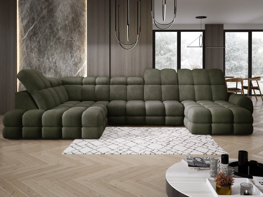 Designer Sofa Lima U with electric sleeping function in bouclé