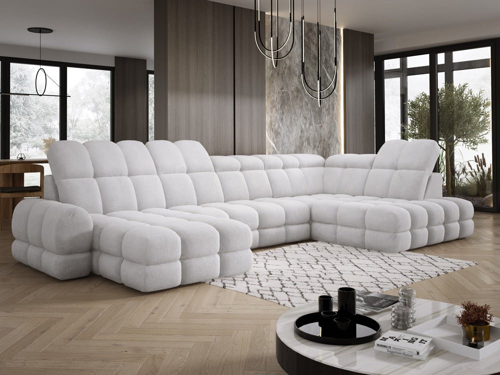 Designer Sofa Lima U with electric sleeping function in bouclé