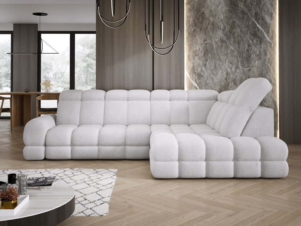 Designer Sofa Lima L with electric sleeping function in bouclé