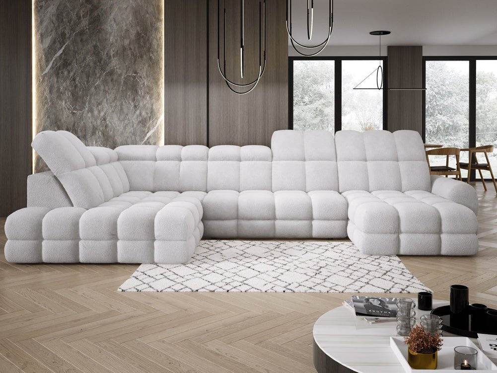 Designer Sofa Lima U with electric sleeping function in bouclé