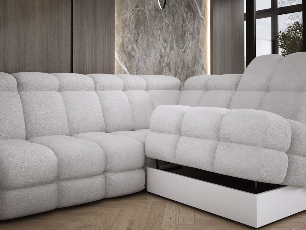 Designer Sofa Lima L with electric sleeping function in bouclé