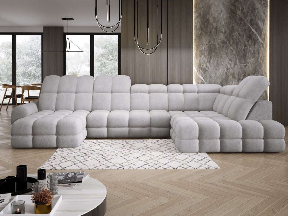 Designer Sofa Lima U with electric sleeping function in bouclé