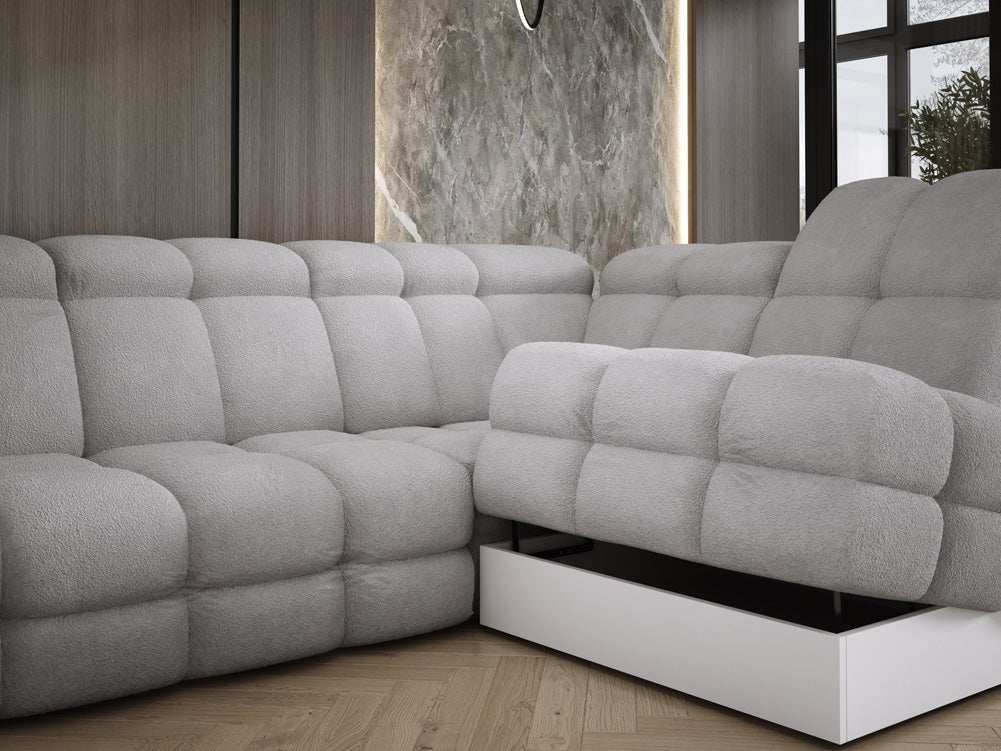 Designer Sofa Lima L with electric sleeping function in bouclé