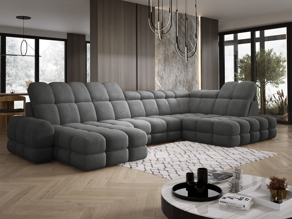 Designer Sofa Lima U with electric sleeping function in bouclé