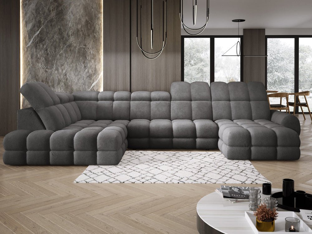 Designer Sofa Lima U with electric sleeping function in bouclé