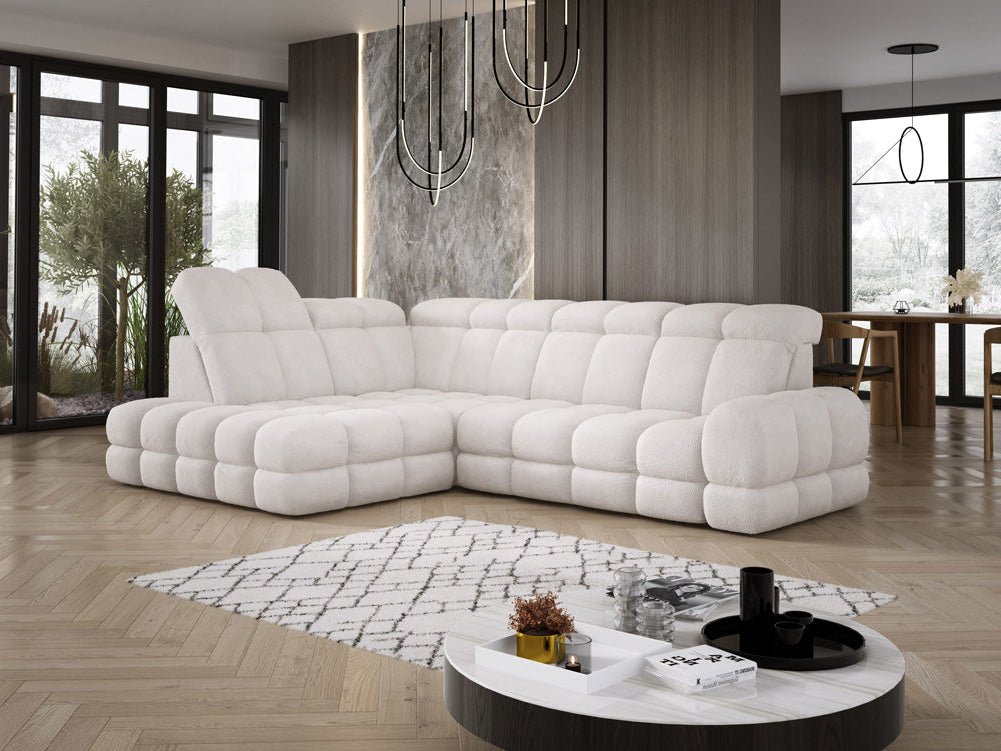 Designer Sofa Lima L with electric sleeping function in bouclé