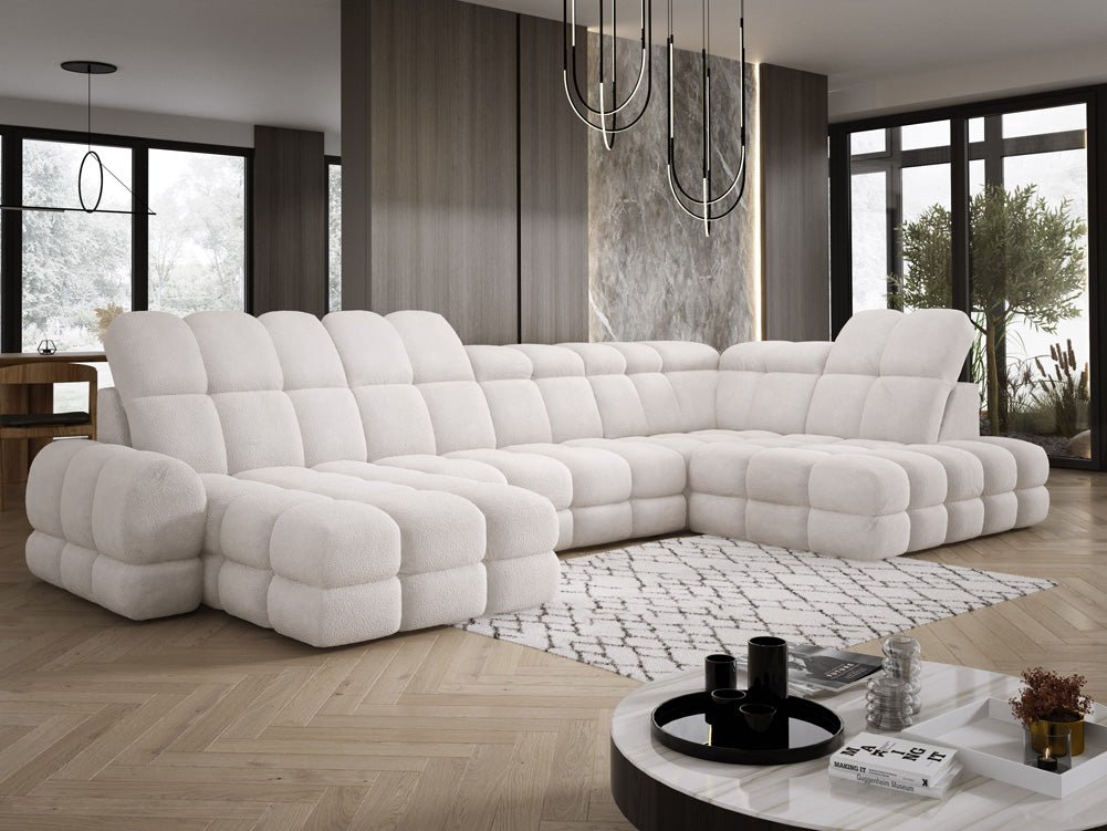 Designer Sofa Lima U with electric sleeping function in bouclé