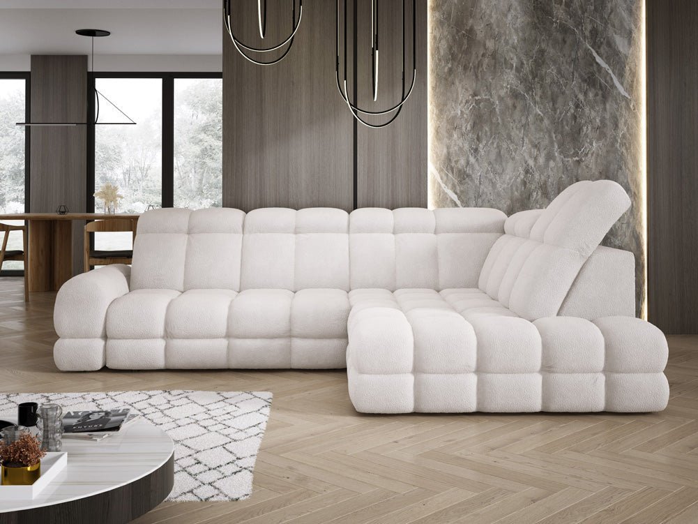 Designer Sofa Lima L with electric sleeping function in bouclé
