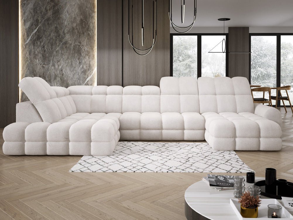 Designer Sofa Lima U with electric sleeping function in bouclé