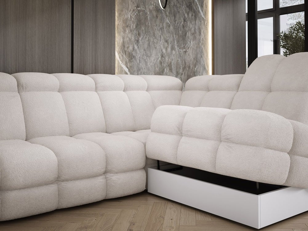 Designer Sofa Lima L with electric sleeping function in bouclé