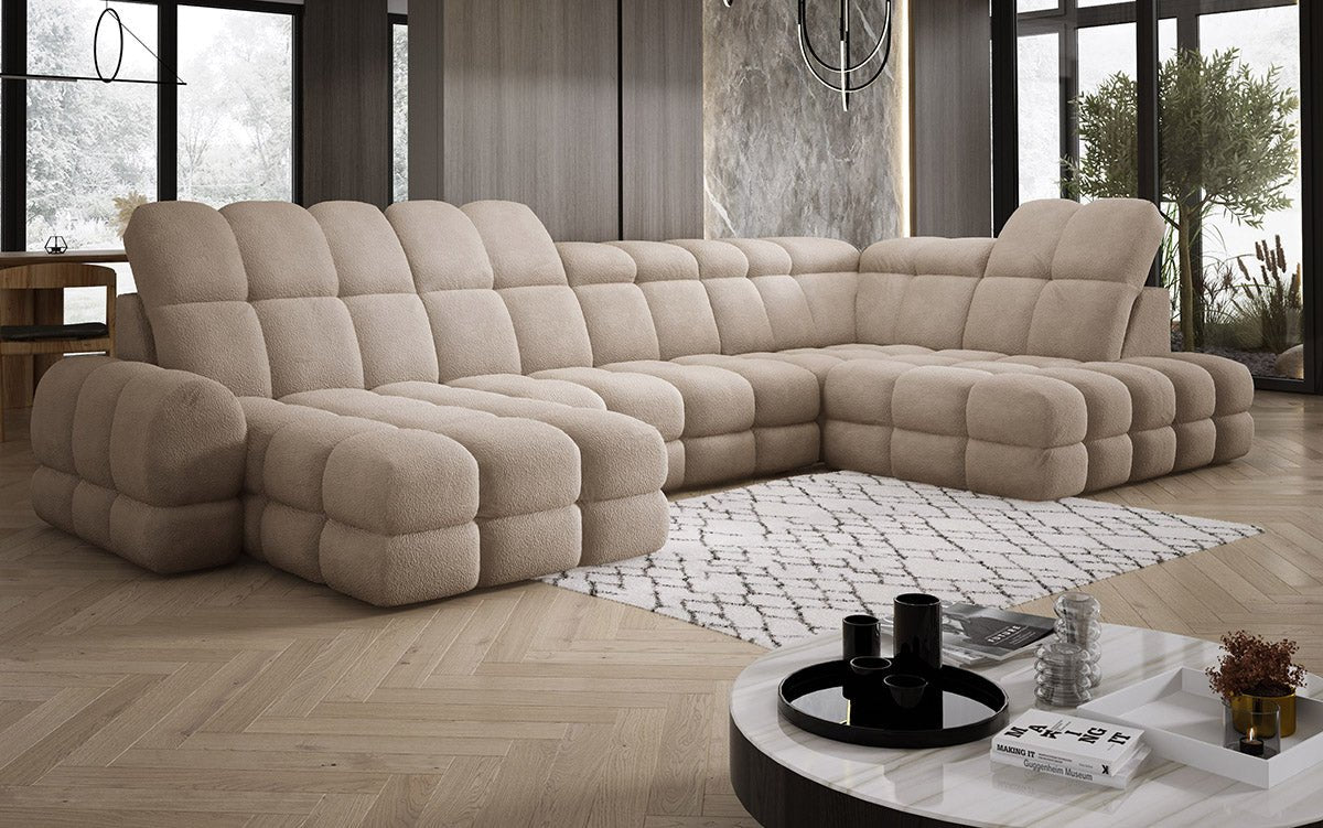 Designer Sofa Lima U with electric sleeping function in bouclé